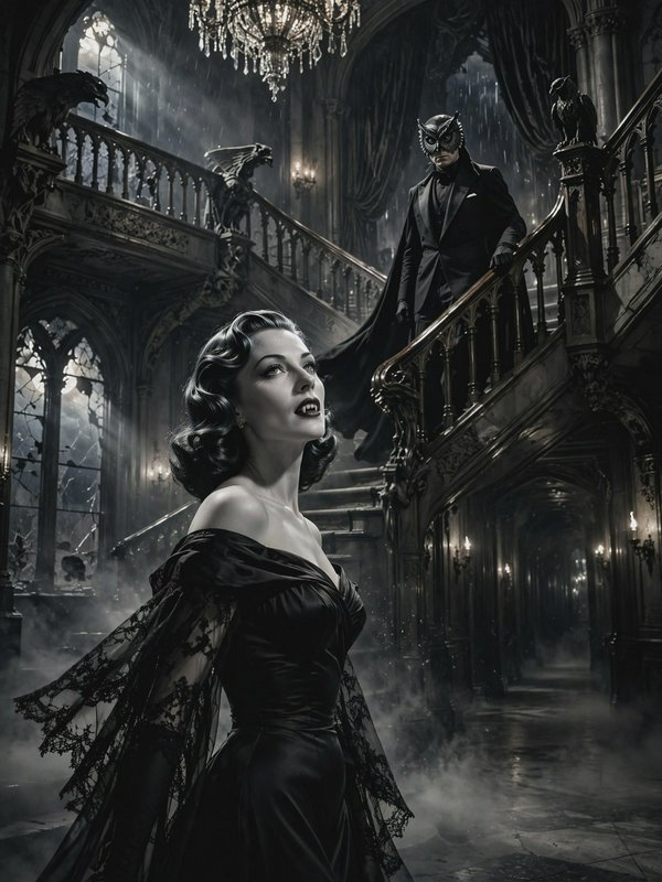 Retro vampire woman looks up at an owl-masked caped man on a grand gothic mansion staircase