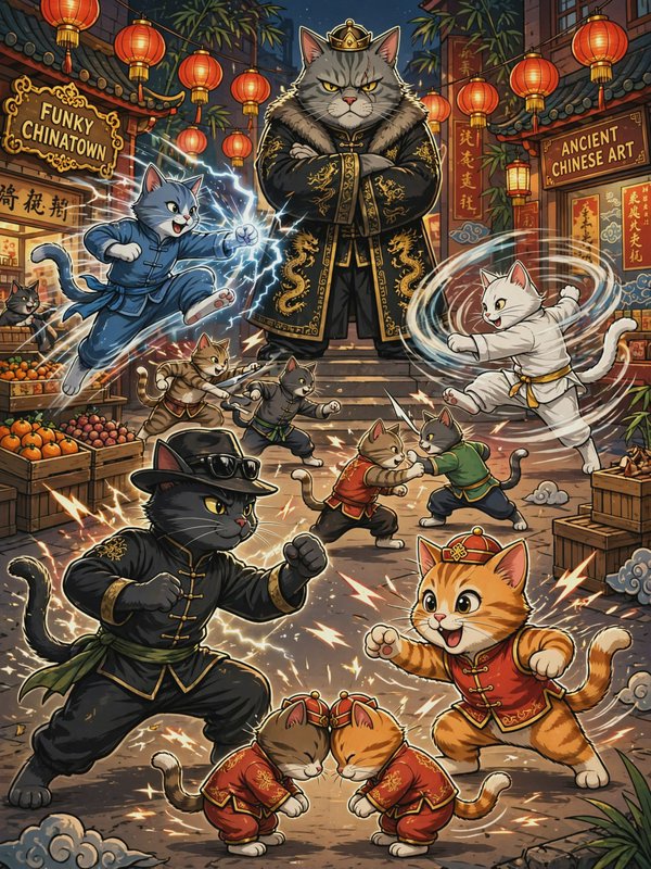 Anthropomorphic martial arts cats spar across a festive lantern-lit Chinatown street