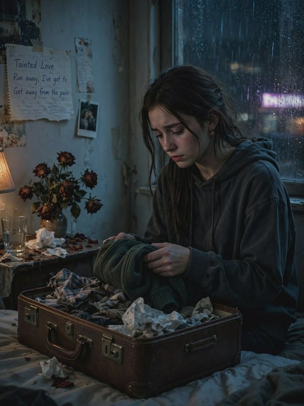 Sad young woman packs a vintage suitcase while sitting in a cluttered bedroom on a rainy night