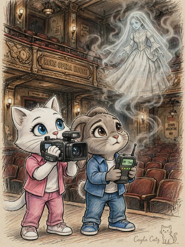 Cute cartoon cat and rabbit ghost hunters film a floating ghost bride inside an old opera house
