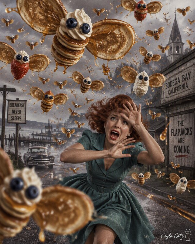 Screaming 1950s woman flees a surreal swarm of breakfast-themed pancake bees over a rainy Bodega Bay street
