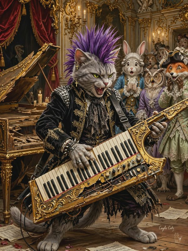 Punk cat with purple mohawk plays an ornate keytar for shocked rococo-dressed animal audience