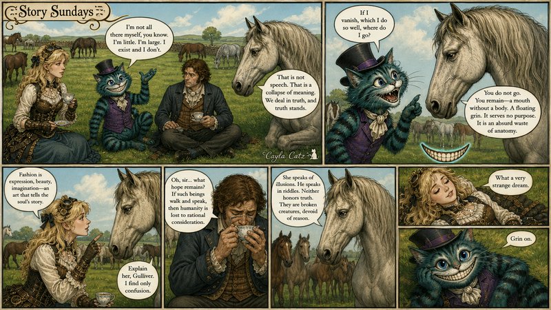 6-panel Story Sundays fantasy comic following a Cheshire Cat debating existence with a horse and tea-drinking companions in