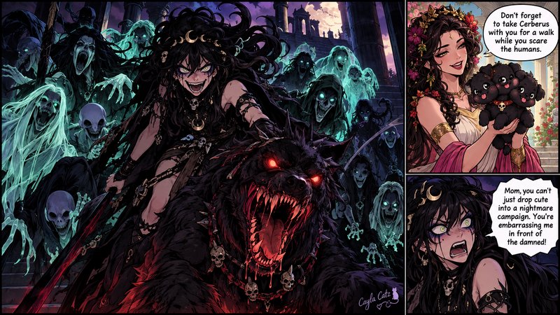 Three panel humorous Greek mythology comic contrasting edgy underworld Hades with cute Persephone and chibi Cerberus