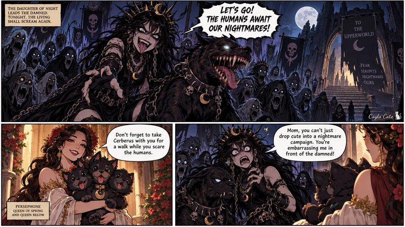 Funny 3-panel fantasy comic where an underworld invasion is interrupted by Persephone holding tiny Cerberus puppies