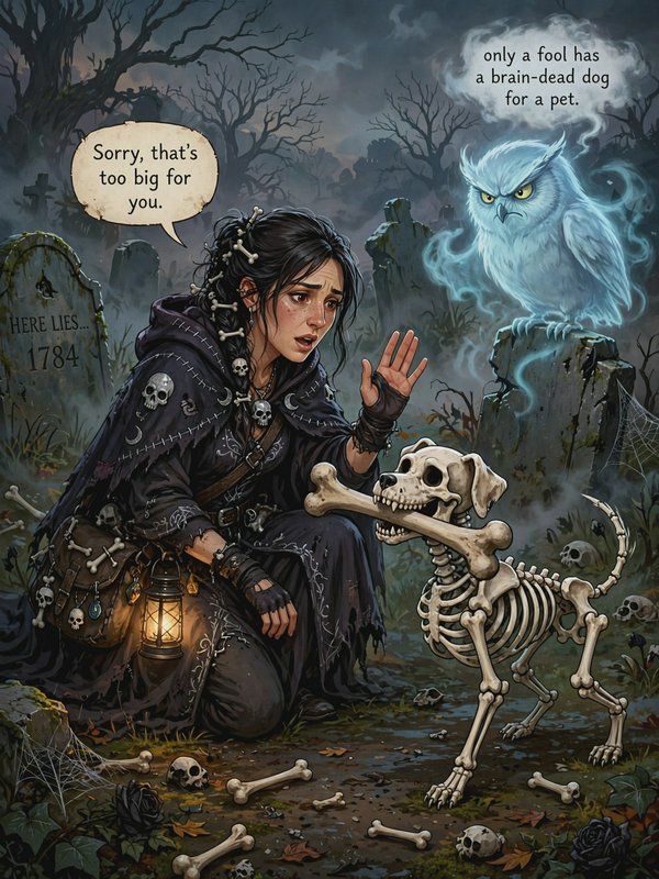 Necromancer woman apologizes to a skeleton dog holding a large bone as a grumpy ghost owl observes in a misty graveyard