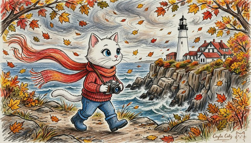Cute fluffy white cat holding a camera walks a windy autumn coastal trail near a lighthouse
