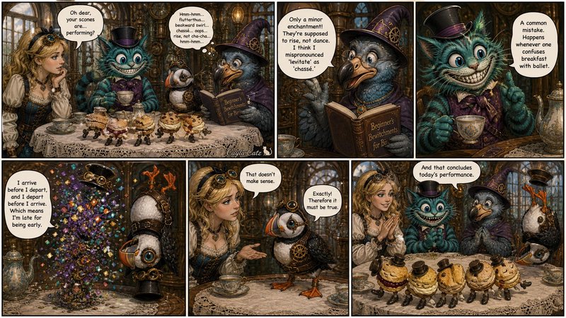 Steampunk Alice in Wonderland comic of a whimsical tea party with enchanted dancing sconces and absurd character banter