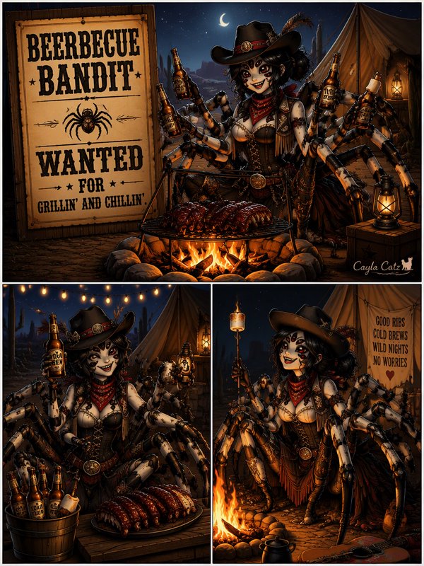 Three panel fantasy illustration of a western spider cowgirl grilling ribs and drinking beer at a desert campfire