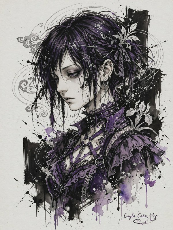 Melancholic goth anime character with dark purple hair in a detailed ink and watercolor portrait