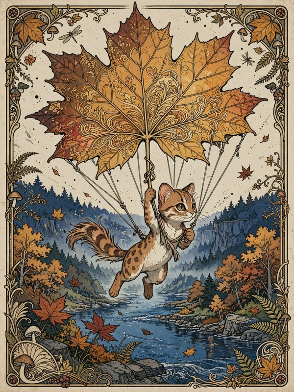 Cute spotted tabby cat glides with an ornate giant maple leaf parachute over an autumn river valley