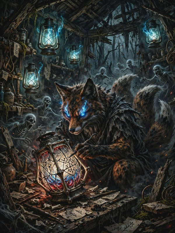 Multi-tailed kitsune sorcerer with glowing blue eyes crafts a rune lantern in a haunted cabin surrounded by ghostly skeletons