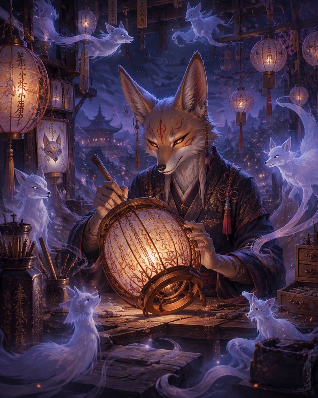 Anthropomorphic kitsune crafts a lit paper lantern surrounded by glowing fox spirits in a night workshop