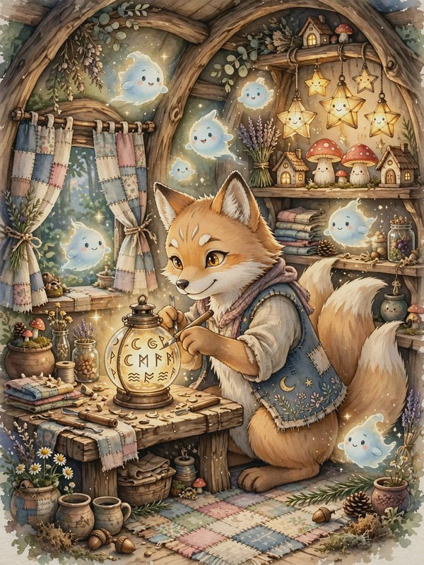 Anthropomorphic kitsune fox carving runes on a glowing lantern inside a cozy fairy cottage surrounded by friendly floating