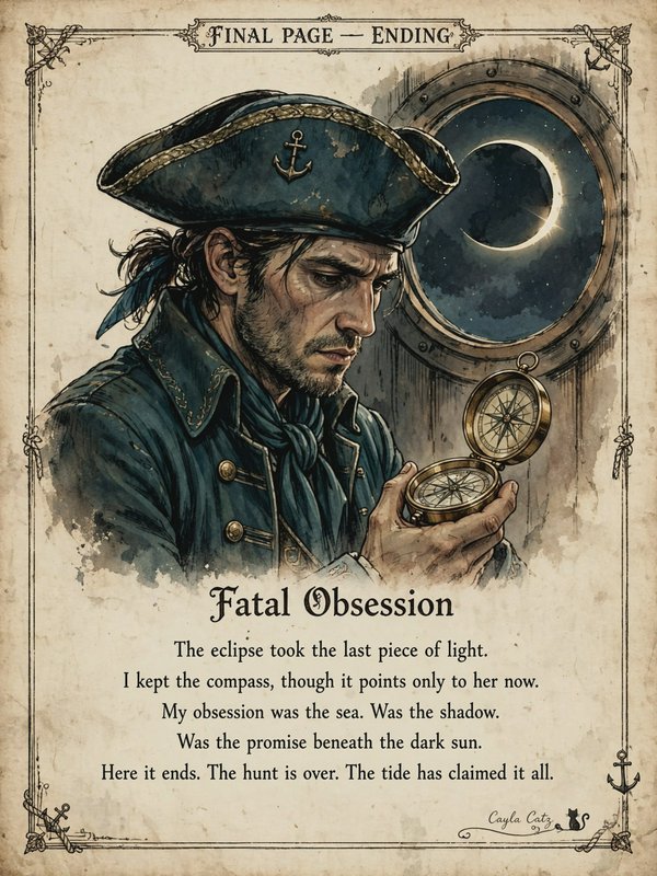 Pensive pirate captain holds an open brass compass beside a story poem, with an eclipse visible through a ship porthole