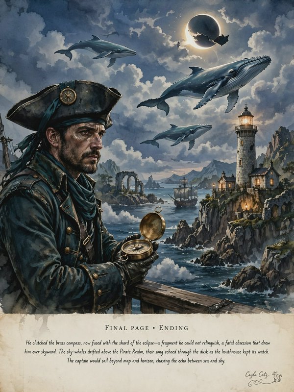 Stoic pirate captain holds a brass compass, gazing out at flying sky whales drifting under a solar eclipse.