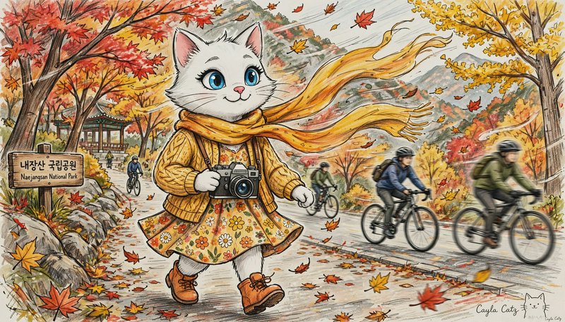 Anthropomorphic white cat with a camera walks a windy autumn Naejangsan National Park path past cyclists.