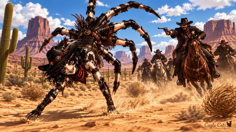 Mechanical spider cowgirl flees from pursuing mounted sheriffs across a southwest desert