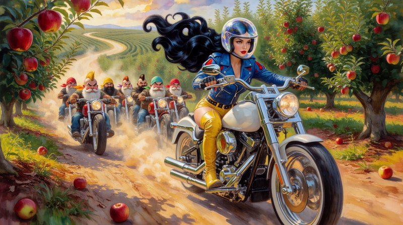 Woman in a clear bubble helmet rides a chopper ahead of biker dwarves through a sunlit apple orchard