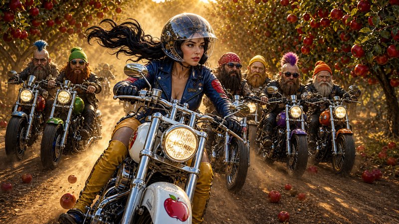 Female rider leading a crew of bearded biker dwarves on motorcycles through a golden hour apple orchard