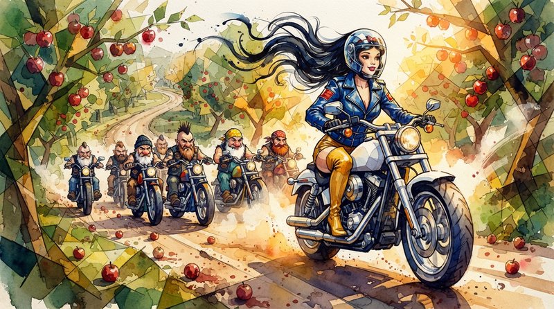 Female biker leads a crew of dwarf motorcyclists speeding down an apple orchard country road