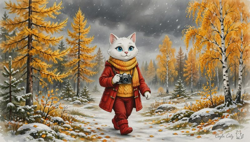 Anthropomorphic white cat in warm winter wear holds a camera while walking through a snowy autumn forest