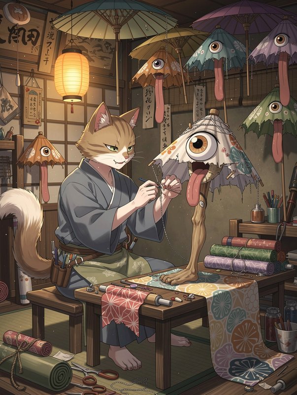 Anthropomorphic cat artisan mends a one-eyed kasa-obake yokai umbrella in a cozy traditional Japanese workshop