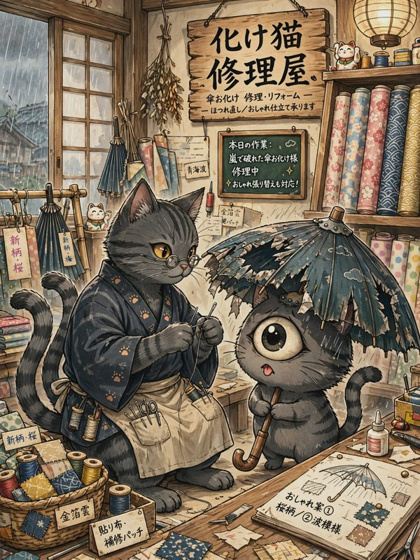 Anthropomorphic tabby cat seamstress prepares to mend a tattered umbrella for a small cyclops cat customer in a cozy