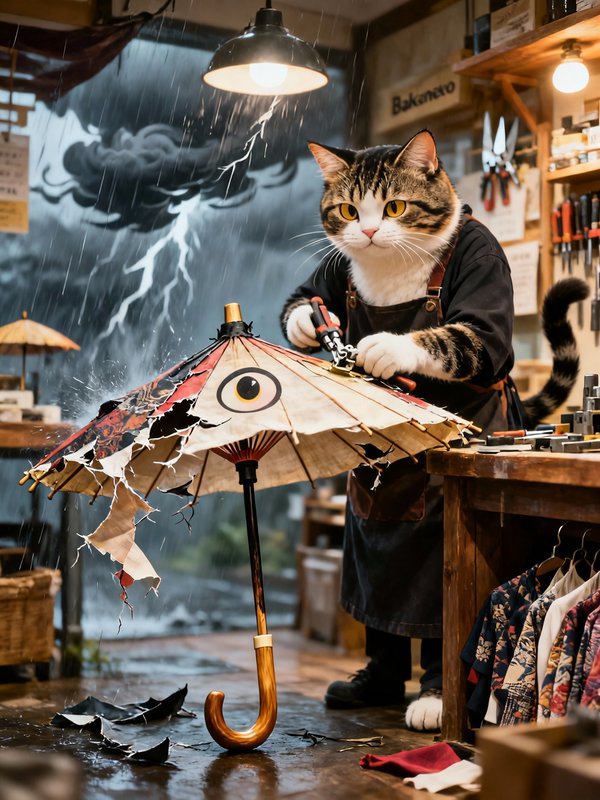 Anthropomorphic tabby cat repairs a tattered umbrella in a workshop during a thunderstorm