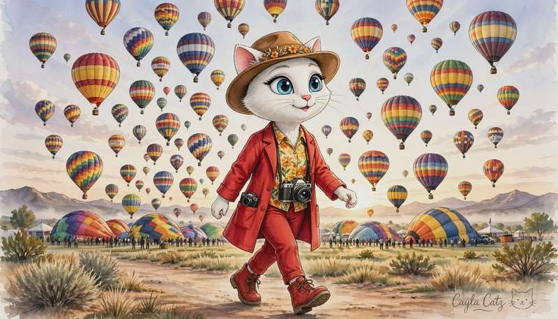 Anthropomorphic white cat photographer walking through a vibrant desert hot air balloon festival