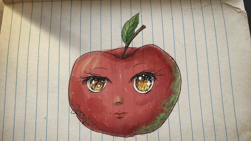 Anthropomorphic red apple with big sparkly anime eyes drawn on lined notebook paper