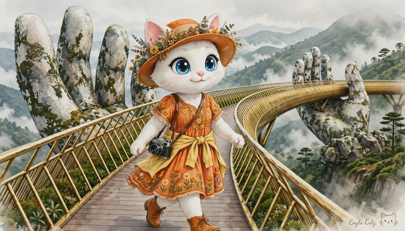 Cute anthropomorphic cat traveler with a camera walks across a golden hand-held mountain bridge