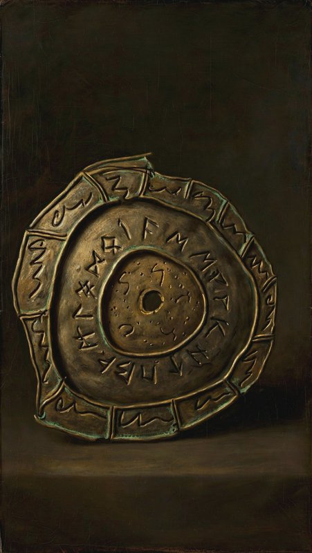 Still life painting of an aged bronze disc carved with layered runic inscriptions against a dark backdrop