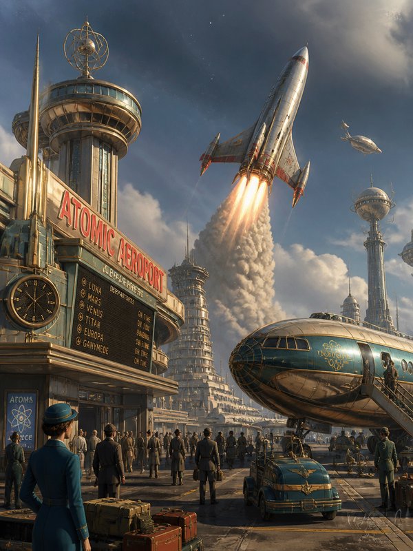 Retro-futurist atomic aeroport scene with a launching rocket, parked passenger spaceship, and travelers on the tarmac