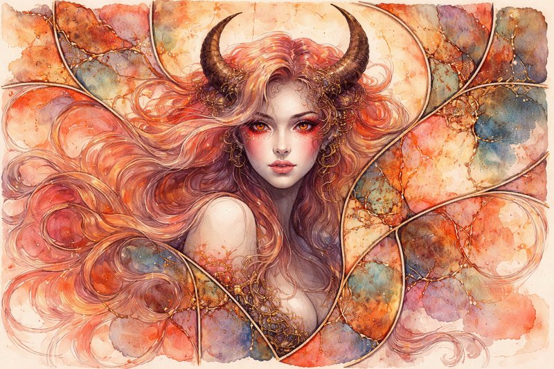 Watercolor portrait of a fantasy horned woman with long flowing coral hair framed by stained glass patterns