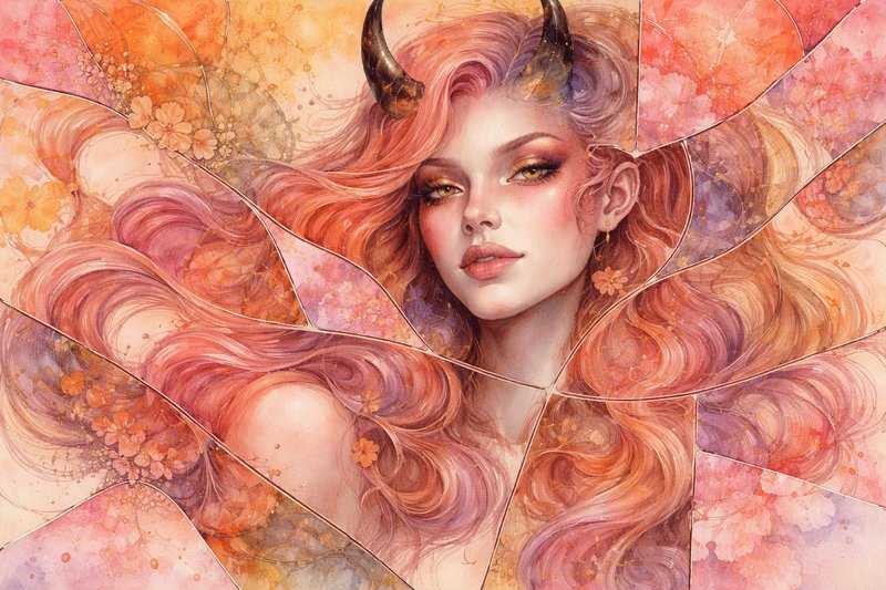 Watercolor portrait of a horned fantasy woman with gradient pink hair set in a cracked stained glass frame