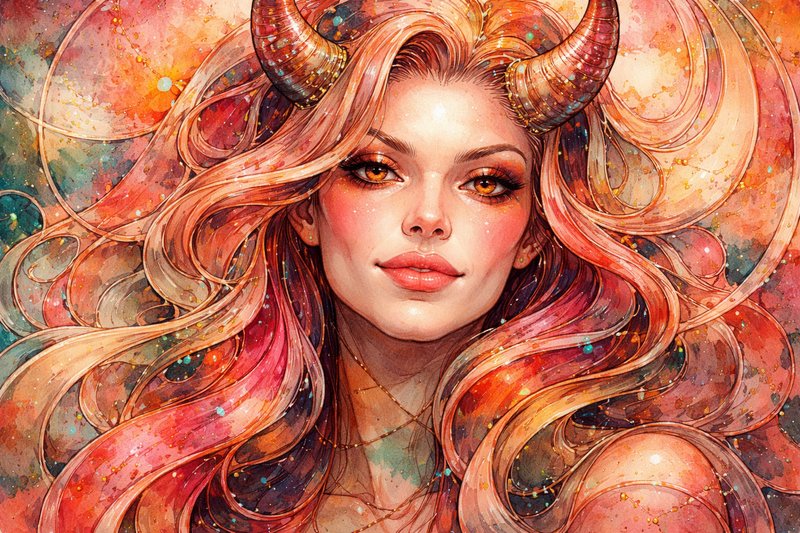 Watercolor portrait of a horned fantasy woman with long flowing gradient hair and warm amber eyes