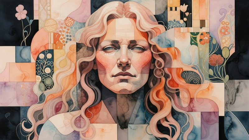 Stylized cubist watercolor portrait of a solemn blonde woman with long wavy hair and decorative geometric floral background