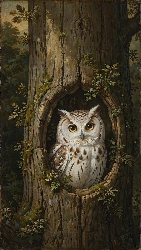 Spotted white owl with golden eyes perched inside a mossy hollow tree trunk in a dense forest