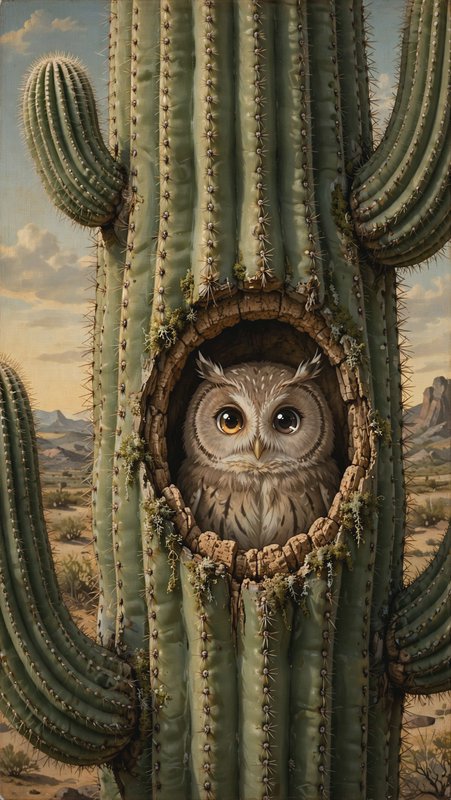 Fluffy wide-eyed owl peeks out from a hollow cavity inside a giant saguaro cactus