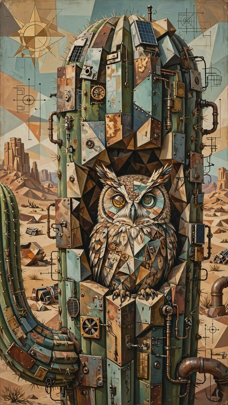 Cubist steampunk mechanical owl perched on a robotic saguaro cactus in a geometric desert landscape