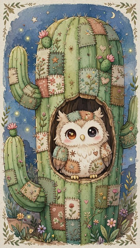Cute patchwork owl peeks out from a quilted stitched saguaro cactus under a starry night desert sky