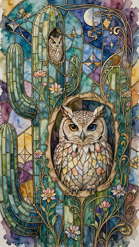 Stained glass style illustration of owls nesting in flowering saguaro cacti under a moonlit night sky