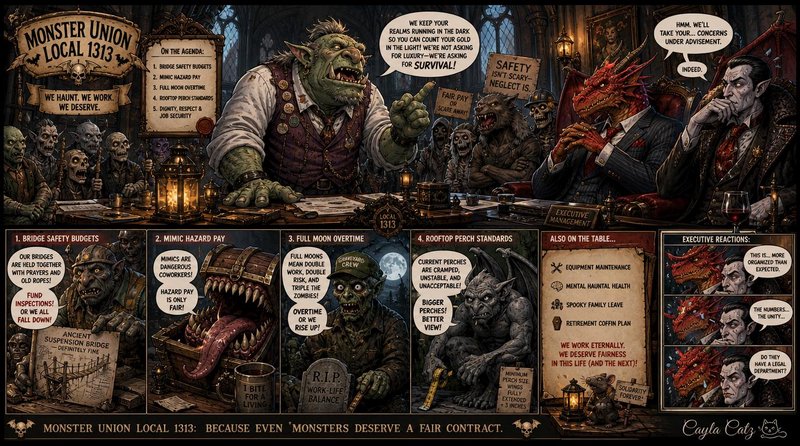 Fantasy comic panel of Monster Union Local 131 meeting as monster workers negotiate fair labor te...