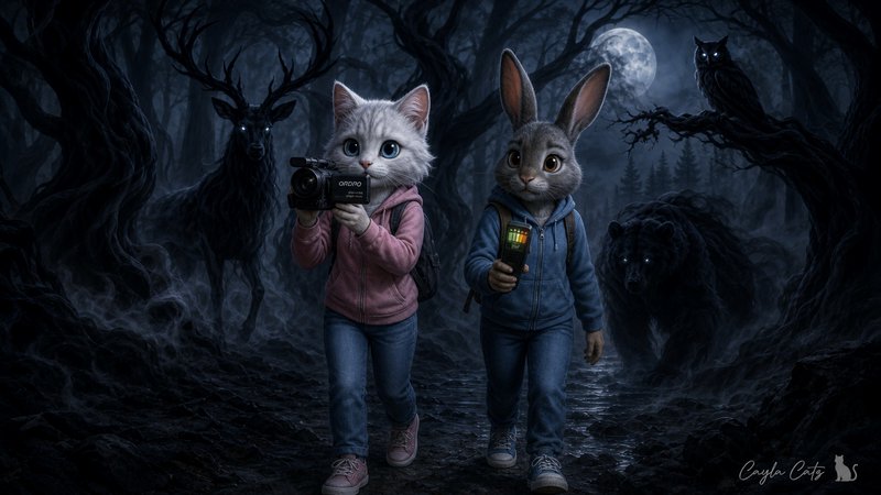 Anthropomorphic cat and rabbit explore a spooky moonlit forest while mysterious glowing-eyed creatures watch them