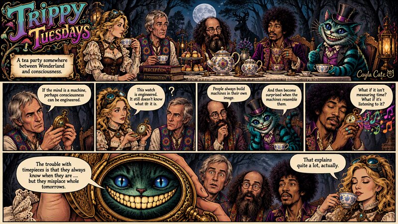 Surreal Trippy Tuesdays comic strip showing a Wonderland philosophical tea party with Cheshire Ca...