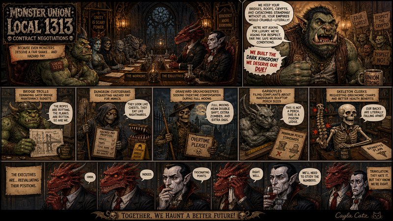 Humorous dark fantasy comic showing Monster Union Local 1313 negotiating work contracts with fantasy executive characters