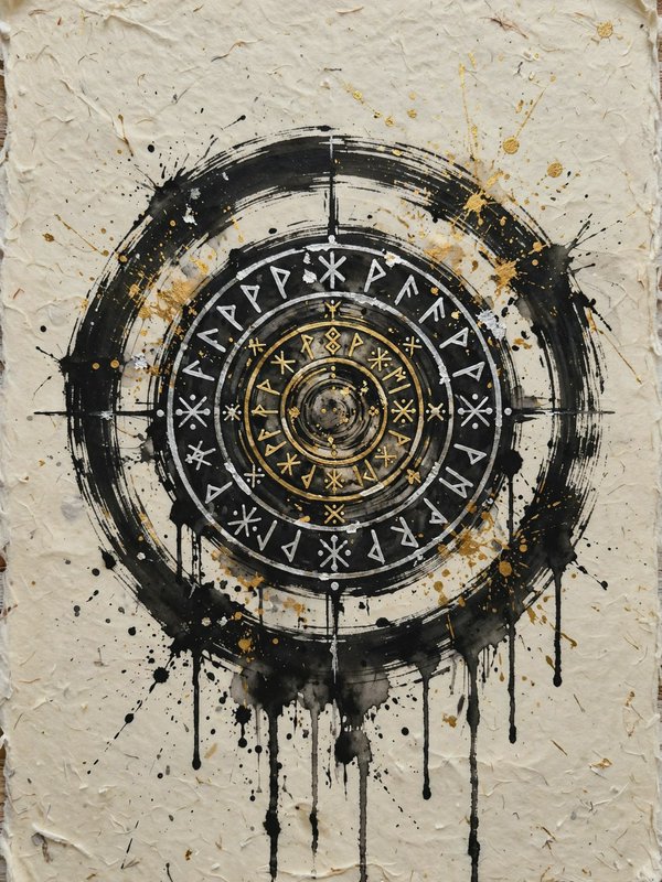 Norse rune compass with black ink and metallic gold accents on crumpled handmade cream paper