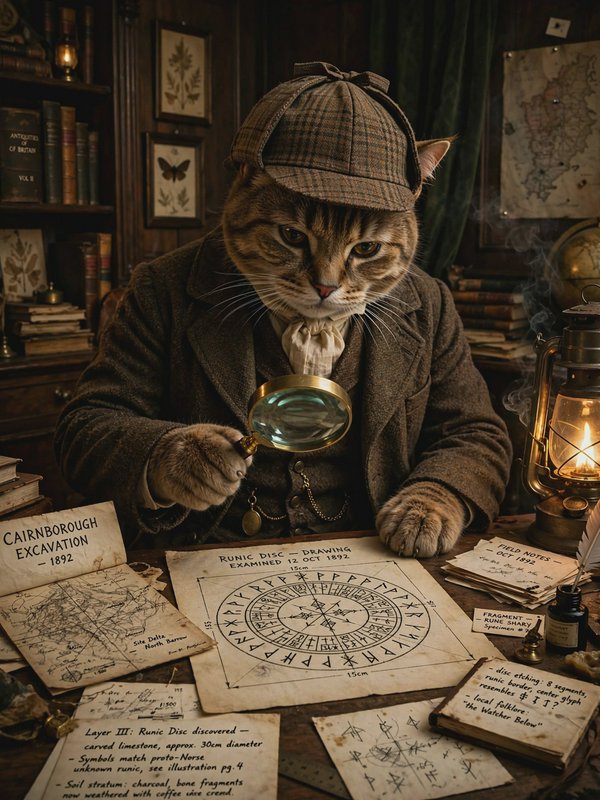 Tabby cat dressed as a vintage detective holds a magnifying glass while studying old excavation blueprints at a wooden desk