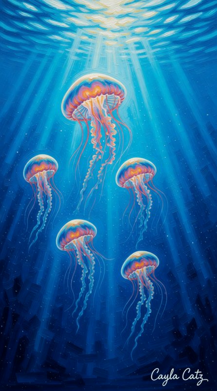 Five glowing iridescent jellyfish drift upward through sunbeams in deep blue ocean